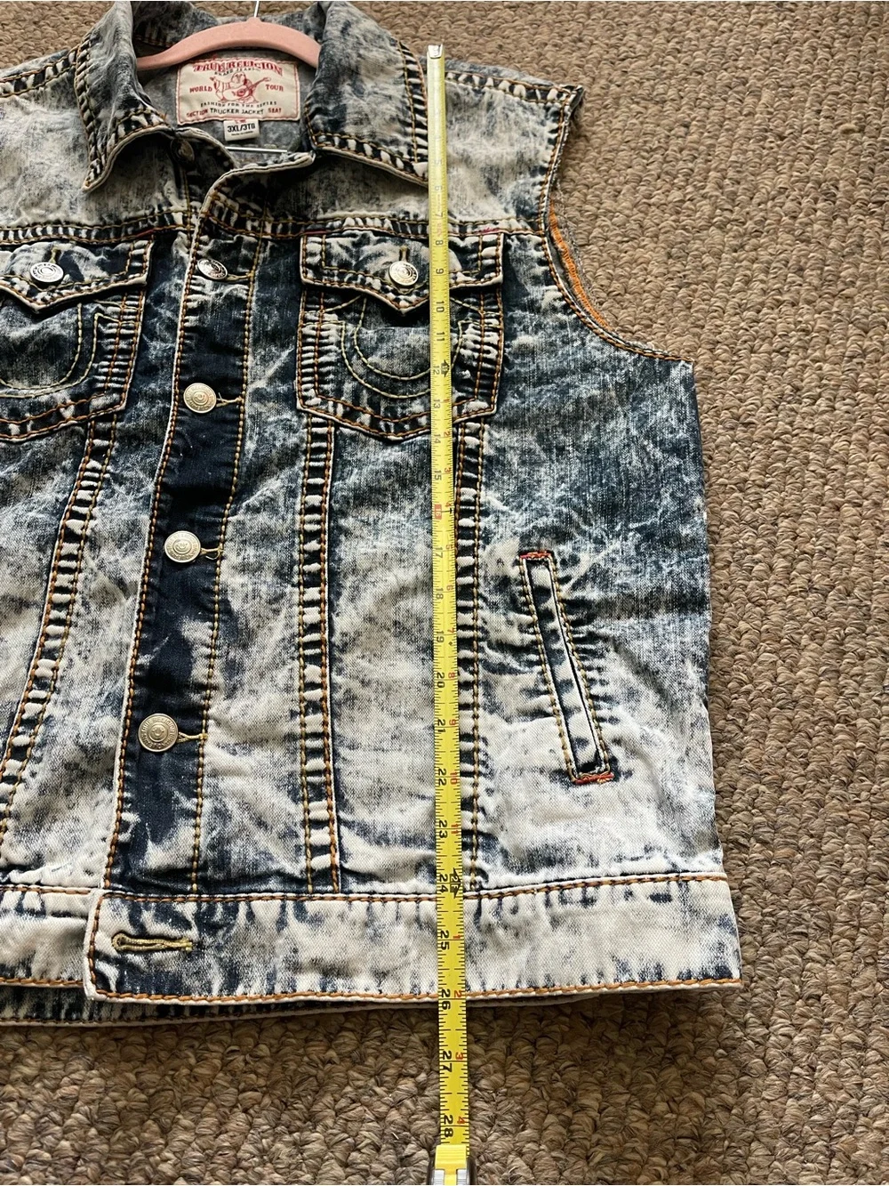 True Religion Acid Wash Denim Trucker Vest Sleeveless Jean Jacket Big Tall 3XL